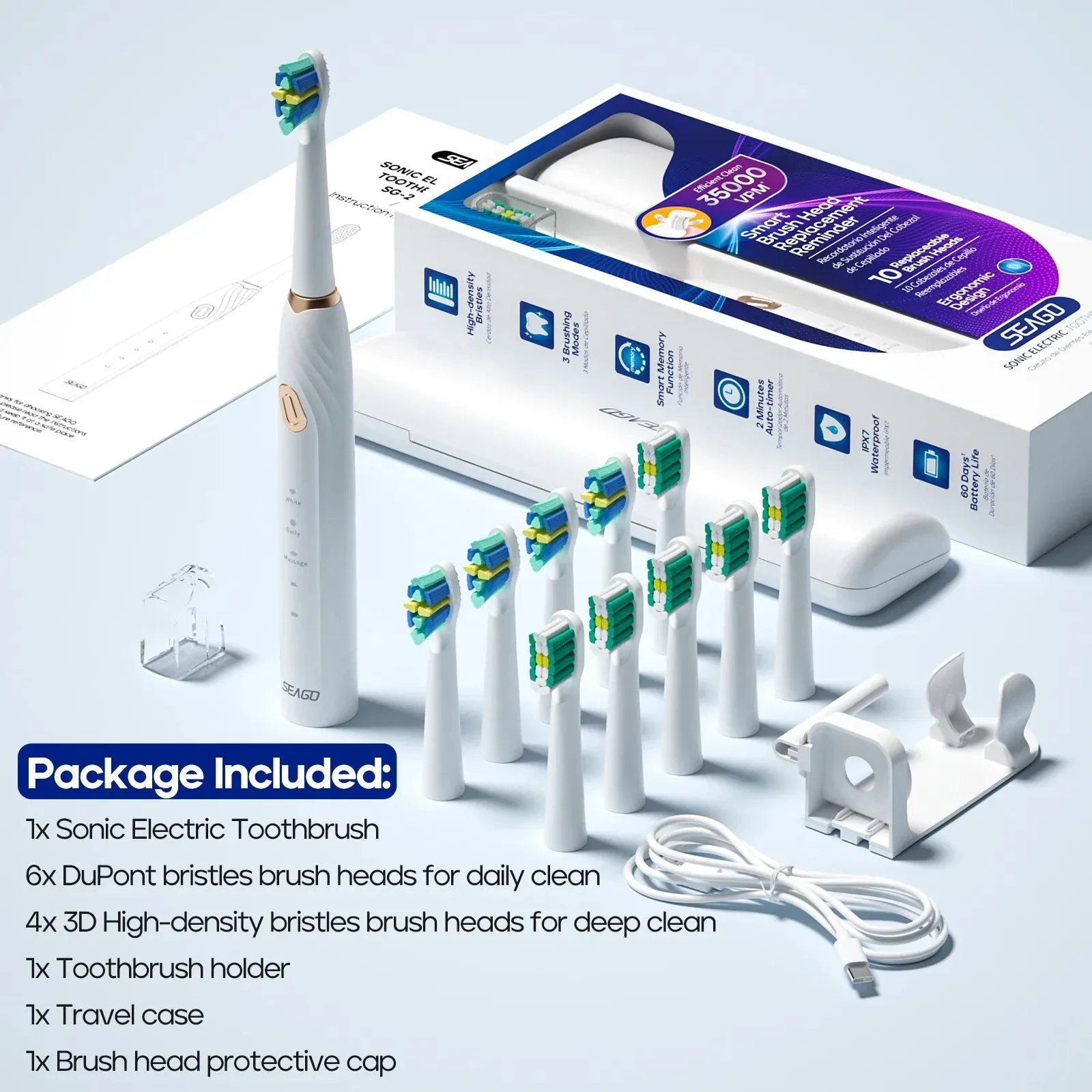 3 Mode Sonic Toothbrush 3 Brush Heads Ergonomic Design